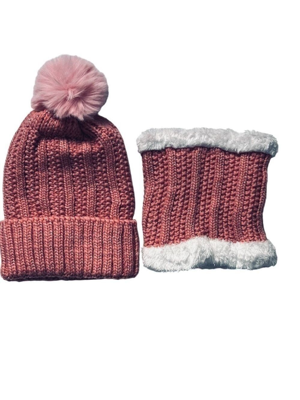 PINK toque thick lined beanie hat pompom knit ribbing  and neck warmer